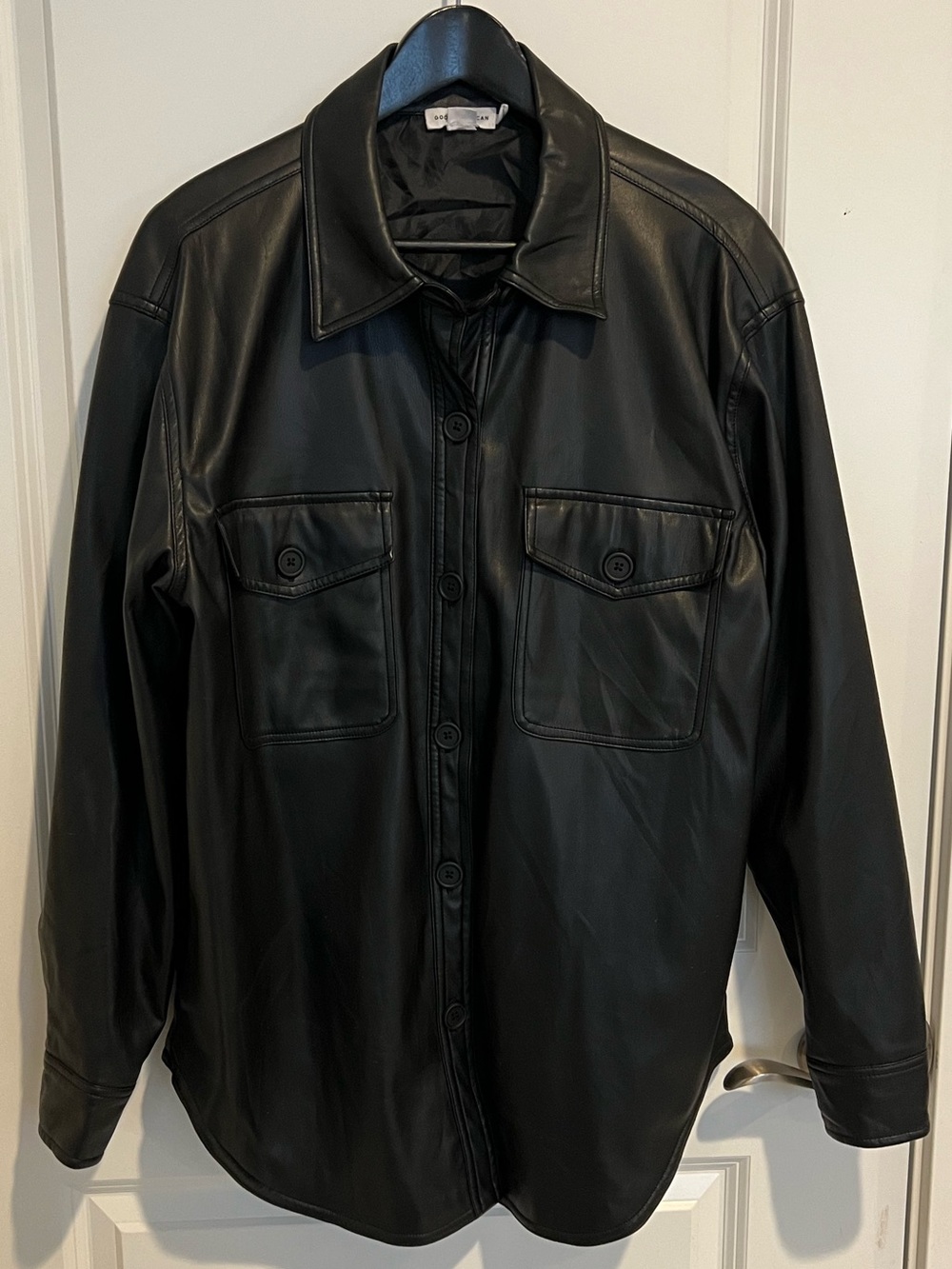 Good American Black Faux Leather Shirt Jacket